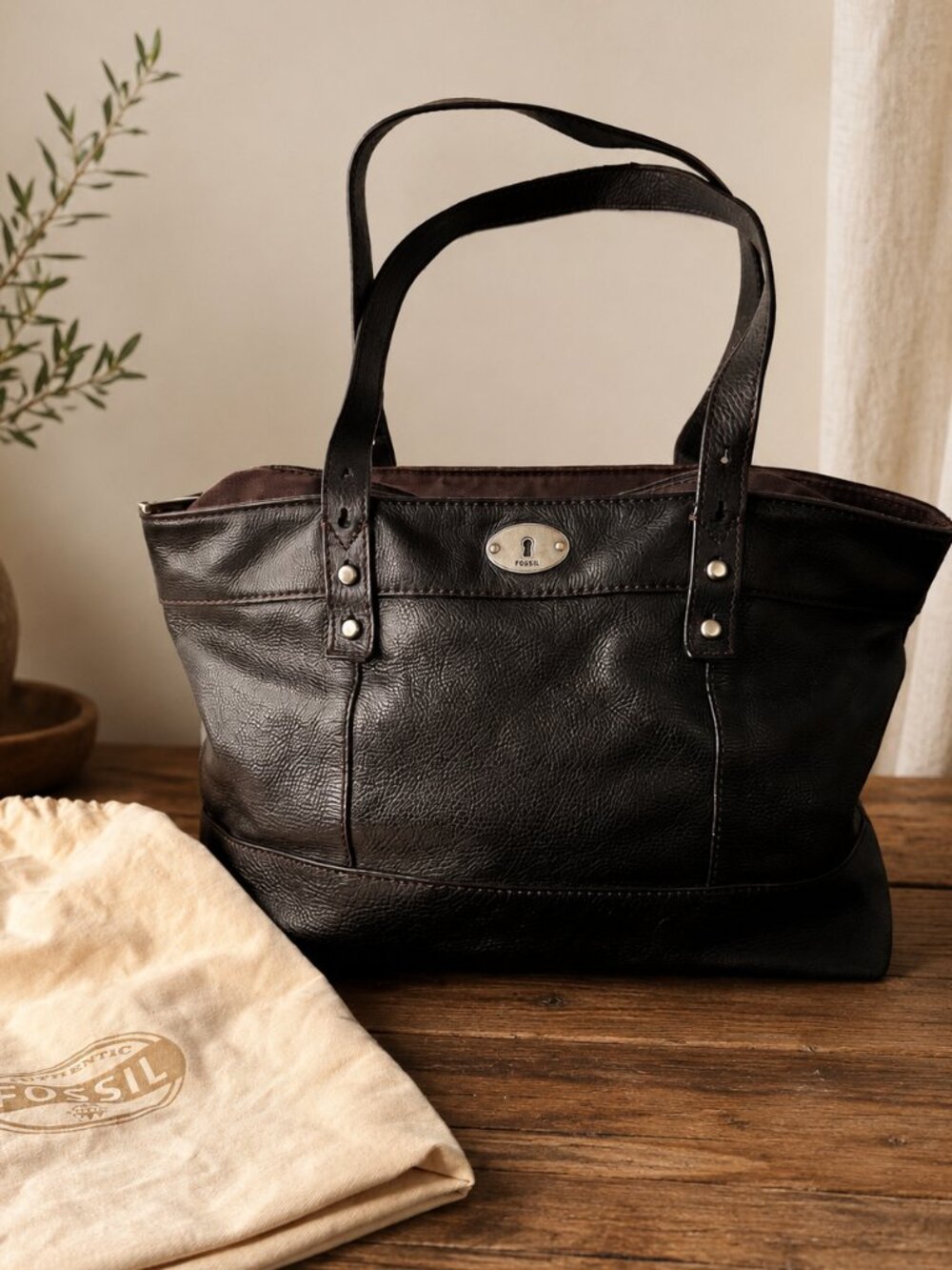 Fossil Hunter Black Leather Shopper Tote Bag Shoulder Purse